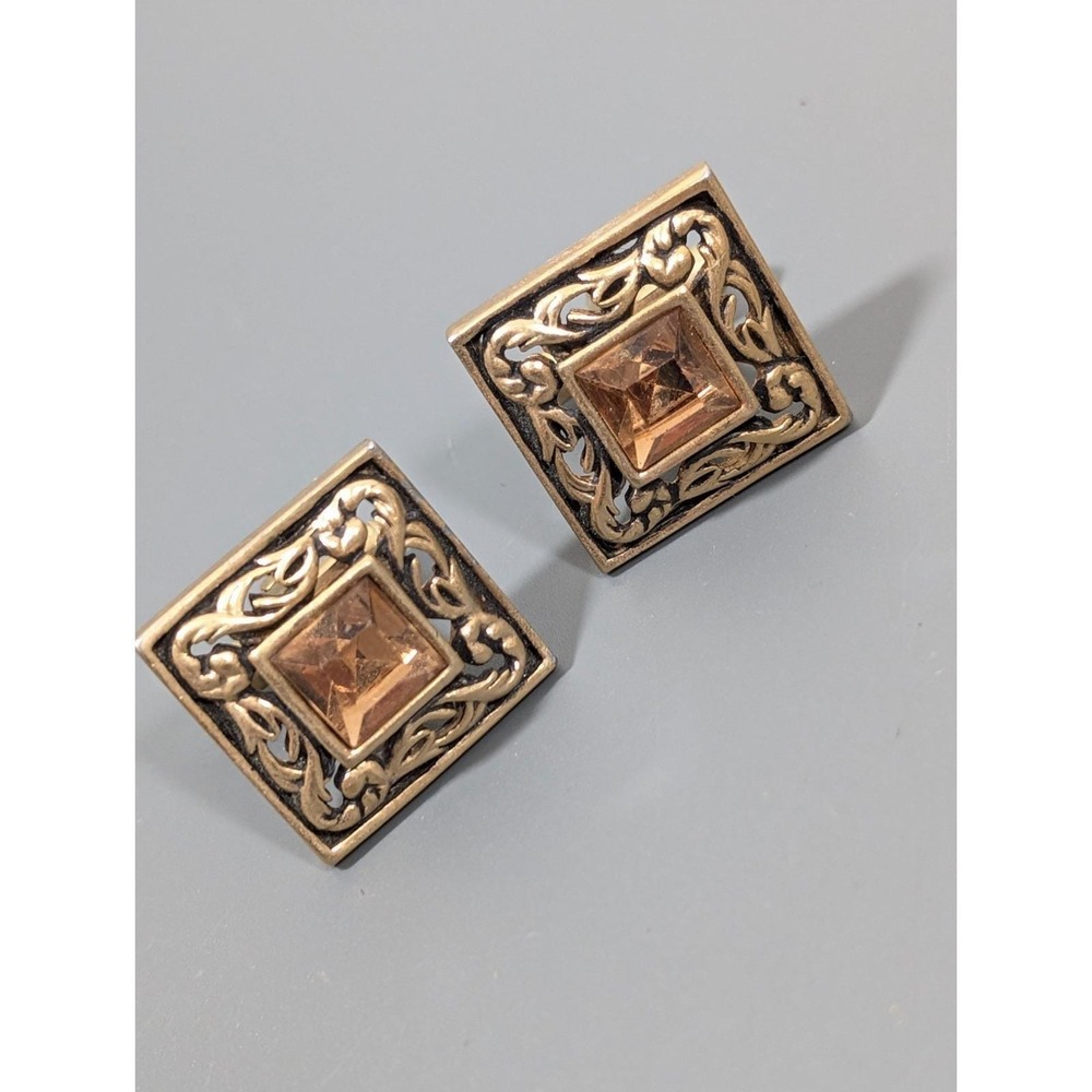 Vintage Swank Faux Topaz Stone Square Vine‎ Scroll Gold Tone Cufflinks - Picture 3 of 9
